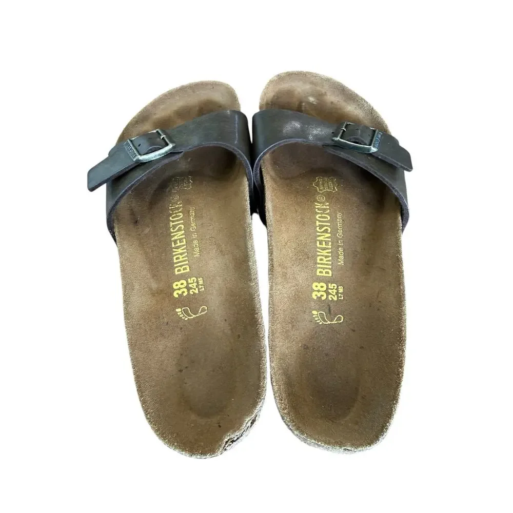 Birkenstock Madrid Metallic Anthracite Birko-Flor Slide Sandals 38/ 7-7.5 Narrow
